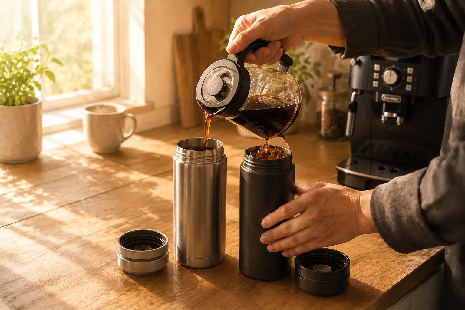 朝の水筒にコーヒーを注ぐ