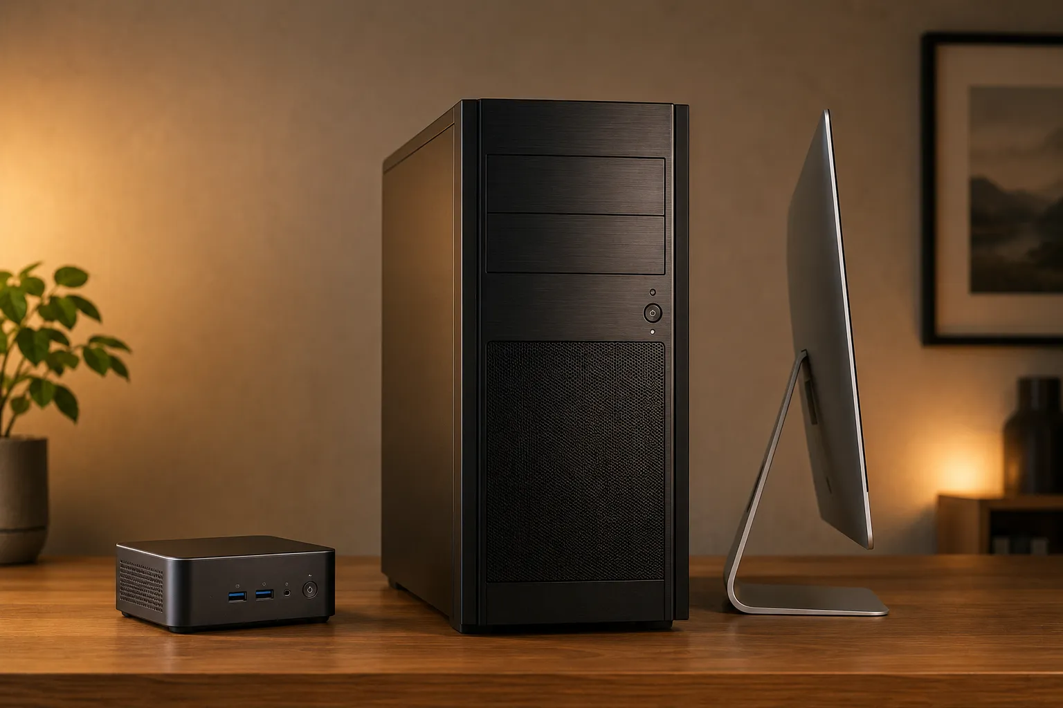 小さな箱型デバイスと大型タワーPC・薄型デスクトップの大きさ比較イラスト