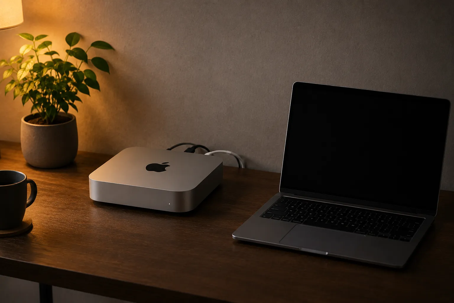 自宅の作業デスクにMac miniとノートPCが置かれている落ち着いた様子