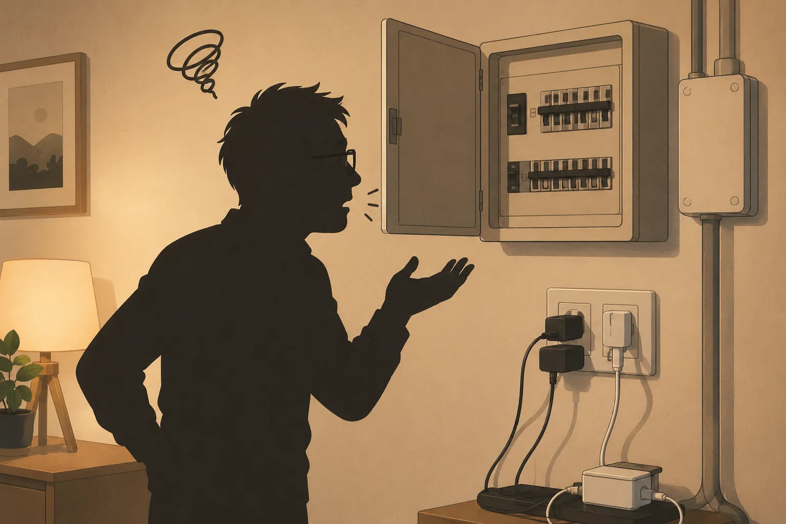 コンセント・配電盤まわりで少し困った表情の男性のイラスト