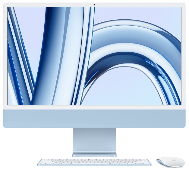 iMac、前面の外観、白いディスプレイの縁、ブルーの外観とアルミニウム製スタンド。iMacと同じカラーのMagic MouseとMagic Keyboardがディスプレイの下に置かれている
