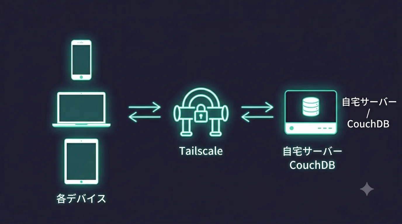 全体構成図:スマホ・PC・タブレット→Tailscale→自宅サーバー(CouchDB)
