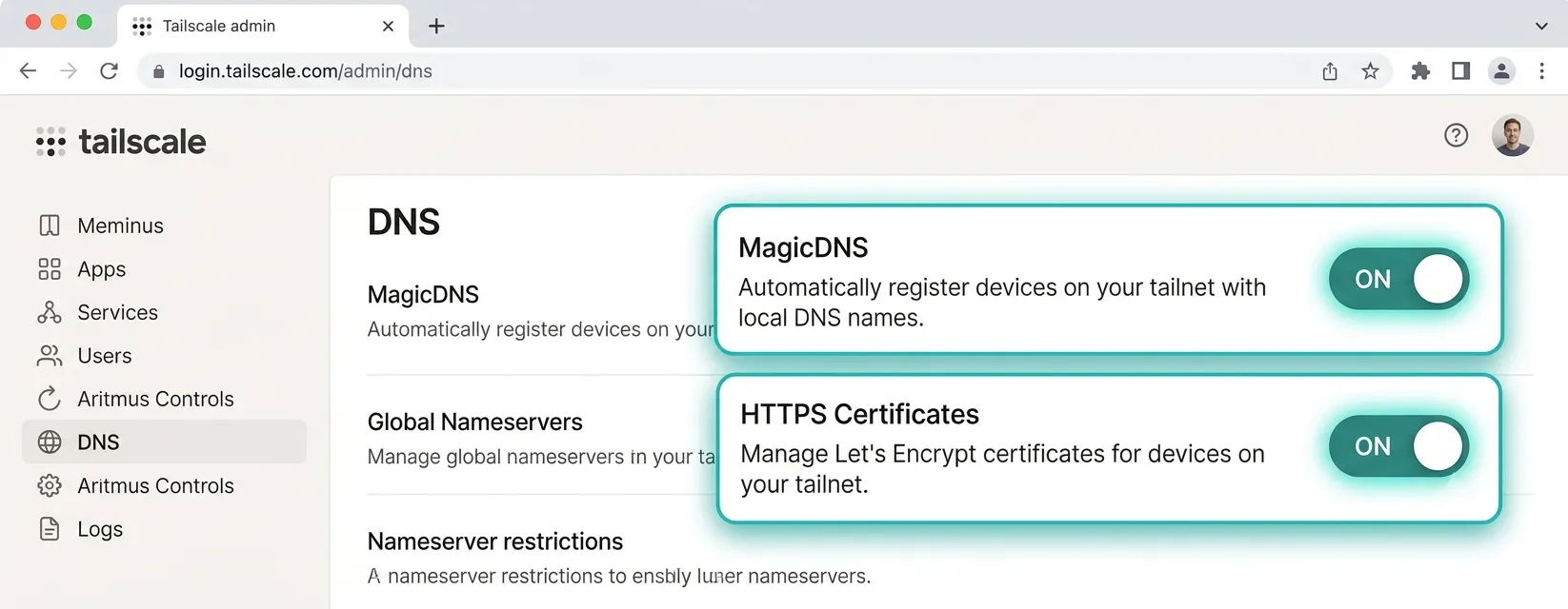 Tailscale管理コンソール:MagicDNSとHTTPS CertificatesをONにする