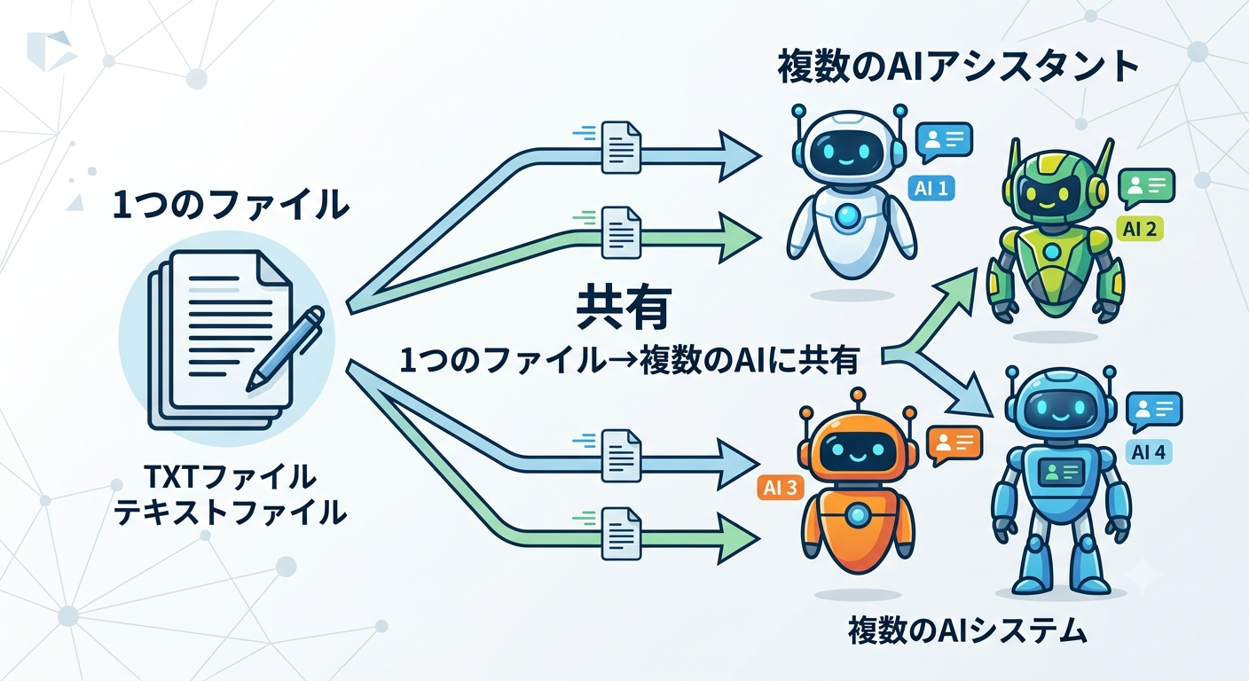 1つのテキストファイルから複数のAIへ矢印が伸びている概念図