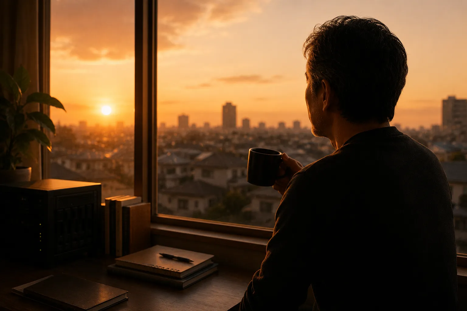 夕方の窓辺でコーヒーを片手に外を眺める後ろ姿