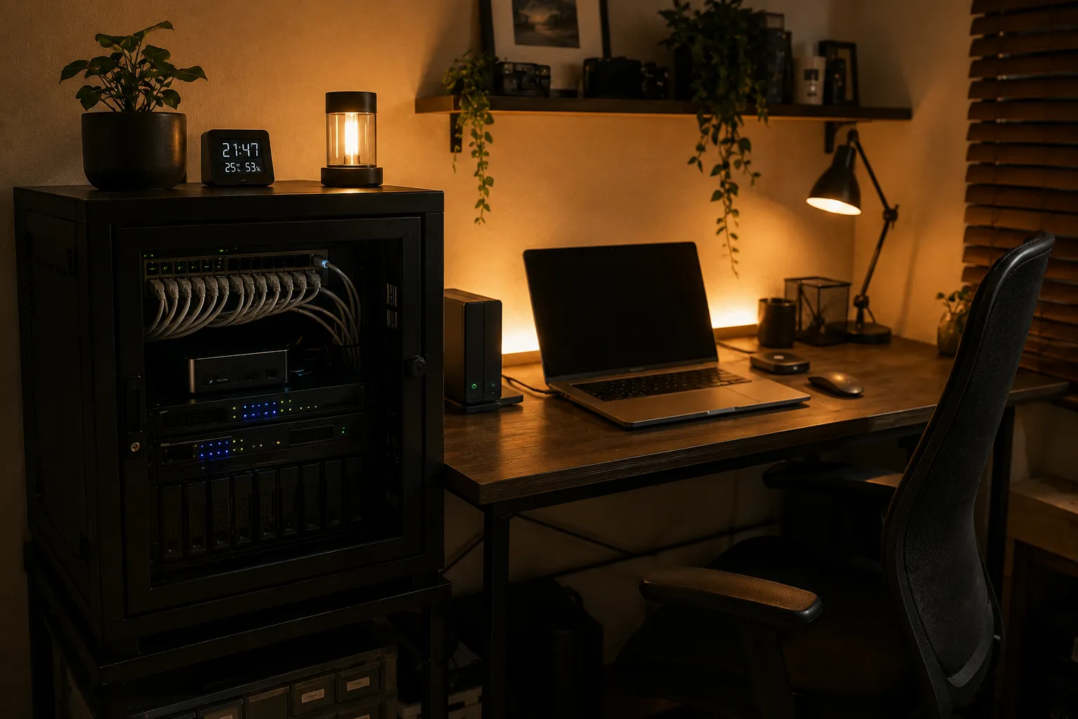 サーバーラックとノートPCが並ぶ自宅の作業スペース