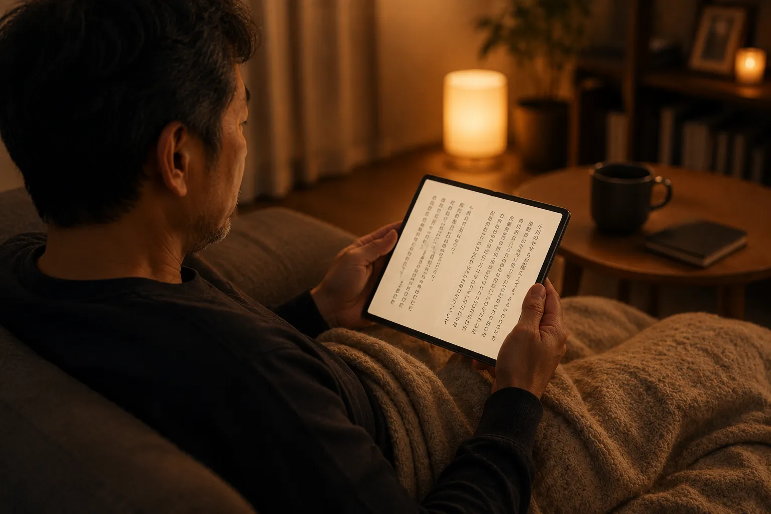展開した大画面でくつろぎながら電子書籍を読む様子
