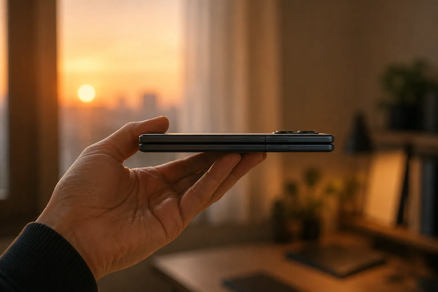 薄く軽い折りたたみスマホを片手に持つ様子